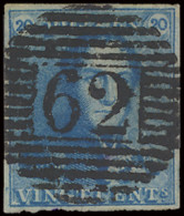 N° 2A 20c. Blauw, Volrandig, P.62 Huy, Centrale Stempel, Jammer Van Inktvlek Op Achterzijde, Prachtig, Zm (COBA €15) - 1849 Schulterklappen