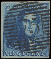 N° 2A 20c. Blauw, Volrandig, P.75 Lokeren, Centraal Gestempeld, Prachtig, Zm (COBA €50) - 1849 Hombreras