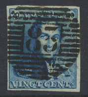 N° 2A 20c. Blauw, Volrandig, P.83 Mons, Centraal Gestempeld, Prachtig, Zm (COBA €5) - 1849 Epauletten