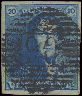 N° 2A 20c. Blauw, P.90-Oostende, Mooi Gerand, Centraal Gestempeld, Zm (OBP €60 + COBA €10) - 1849 Epaulettes