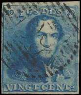 N° 2A 20c. Blauw, Volrandig, P.99 Quievrain, Lichte Stempel, Meerdere Griffen In De Marges, Zm (COBA €200) - 1849 Schulterklappen