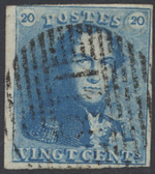 N° 2A 20c. Blauw, Volrandig Maar Boven Kort, P.118-Tirlemont, Moeilijk Leesbare Stempel, Linkerbladboordje, Zm (COBA €20 - 1849 Schulterklappen