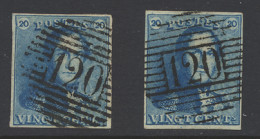 N° 2A 20c. Blauw, P.120-Tournay, Dikke (verdunning) En Dunne Lijnen, Mooi Gerand, Centraal Gestempeld, M/ntz - 1849 Epaulettes