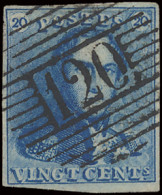 N° 2A 20c. Blauw, Volrandig, P.120 Tournay, Mooie Centrale Stempel, Zm (COBA €10) - 1849 Schulterklappen