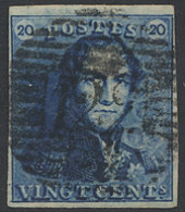 N° 2A 20c. Blauw, Volrandig, P.122 Turnhout, Lichte Centrale Stempel, Mooie Griffen In De Bovenmarge, Zm (COBA €30) - 1849 Schulterklappen