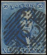 N° 2A 20c. Blauw, Volrandig, P.123 Verviers, Mooie Stempel, Met Rechtergebuur, Zm (COBA €10) - 1849 Schulterklappen