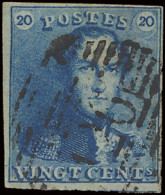 N° 2A 20c. Blauw, Volrandig, P.126 Virton, Moeilijk Leesbare Stempel, Met Ondergebuur, Zm (COBA €60) - 1849 Epauletten