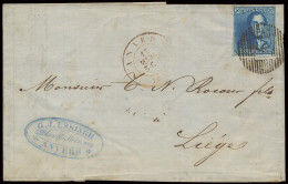 1850 N° 2A 20c. Blauw, Volrandig, Op Brief Van P.4-Anvers, Dd. 17-03-1850 Naar Liège, Zm (OBP €150) - 1849 Epaulettes
