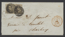 1850 N° 3 10c. Bruin In Paar Op Brief Zonder Inhoud Van Liège Naar Charleroy Dd. 31/10/1850, Enkel Links Ingesneden Voor - 1849-1850 Medaillen (3/5)