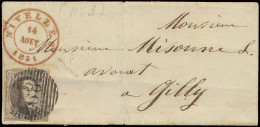 1851 N° 3 10c. Bruin, Volrandig, Op Brief Zonder Inhoud Dd. 14 Augustus 1851, Vanuit P.89-Nivelles, Naar Gilly, Zm - 1849-1850 Medallones (3/5)