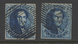 N° 4 20c. Blauw (2 Ex.) P.2 En P.24, Beide Zeer Mooi Gerand, Een Klein Knipje In Marge Rechtsboven Op P.4, Meerdere Grif - 1849-1850 Médaillons (3/5)