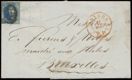 N° 4 20c. Blauw Op Brief Met P.4-Antwerpen Naar Brussel, Prachtige En Zeldzame Gesegmenteerde PP Vertrekstempel, Zm/m - 1849-1850 Medaillons (3/5)