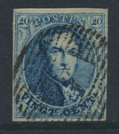 N° 4 20c. Blauw, Afstempeling P.4-Antwerpen, Volrandig, Zm (OBP €70) - 1849-1850 Medaillen (3/5)