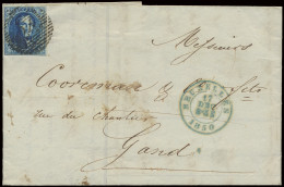 1850 N° 4 20c. Blauw, Brief, Afstempeling P.24-Brussel, Volrandig Naar Gent, Dd. 17 December 1850, Zm (OBP €150) - 1849-1850 Medaillen (3/5)