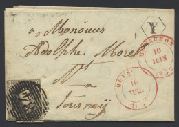 1852 N° 6, '10 Cents Bruin', Brief Met Inhoud, Vanuit Mouscron, Dd. 10 Juni 1852, Postbus Y In Zwarte Zeshoek, Niet Verm - 1851-1857 Medallions (6/8)