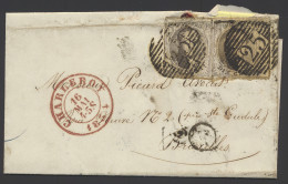 1853 N° 6 10c. Bruin (2x), 1 Met Bladboord, Op Brief Zonder Inhoud Dd. 16 Mei 1853, Vanuit P.25-Charleroi, Met Postbus T - 1851-1857 Medallions (6/8)