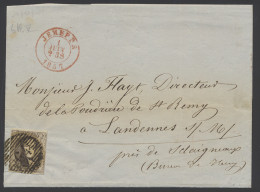 1857 N° 6 10c. Bruin, Op Brief Zonder Inhoud Dd. 1 Juni 1857, Vanuit P.64-Jemeppe, Plaat V, Naar Landennes-sur-Meuse, Zm - 1851-1857 Medaillen (6/8)