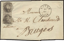 N° 6 10c. Bruin In Paar Op Brief Met D3 GAVERE En Postbus M Naar BRUGES, Zm (OBP +€70 + COBA ++€30 Voor 1 Zegel) - 1851-1857 Medallions (6/8)