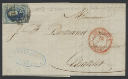 1852 N° 7 20c. Blauw, Met 5 Geburen, Waarvan Boven- En Ondergebuur Volledig Zijn. Op Brief Van Verviers Naar Chatelet. D - 1851-1857 Medaillen (6/8)