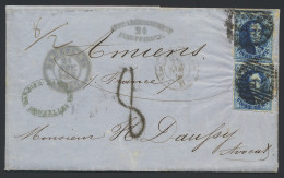 1857 N° 7 20c. Blauw, Twee Maal Op Brief, Afgestempeld P.24-Bruxelles (14 Balken), Dd. 21 November 1857, Dubbel Port, Af - 1851-1857 Medaillen (6/8)