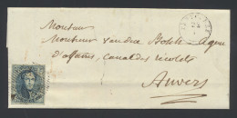 N° 7 20c. Blauw, Volrandig Met D.52-Tervueren Naar ANTWERPEN, M/ntz (COBA +€100) - 1851-1857 Médaillons (6/8)