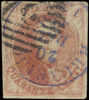 N° 8 40c. Karmijn, Volrandig Met P.24 (14-balkenstempel) En D.C. Bruxelles 20 DEC In Blauw, Zm (OBP €125) - 1851-1857 Medaillen (6/8)