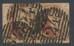 N° 8 40c. Karmijn, P.24-Brussel (14-balkenstempel) In Paar, Mooi Gerand Maar Linksboven Is De Boord Geraakt, Twee Onderb - 1851-1857 Medallions (6/8)
