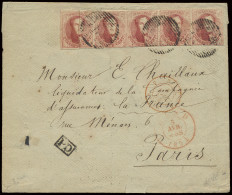 N° 8 40c. Karmijn Op Enveloppe Met Strip Van 5, P.45-Gand Naar Parijs, Strip Is Onderaan Ingesneden Voor 4 Zegels, De Li - 1851-1857 Medallions (6/8)