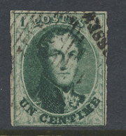 N° 9 1c. Groen Volrandig, Niet Reglementaire Balkenstempel. (Zeldzaam) En Deel Stempel Affranchissement Insuffisant, Zm - 1858-1862 Médaillons (9/12)