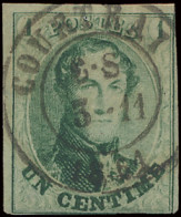 N° 9 1c. Groen, Onderaan Aangesneden, Maar Kader Is Nog Zichtbaar Met D.C. Courtray Centraal Gestempeld, Zm (OBP €140) - 1858-1862 Medaillen (9/12)