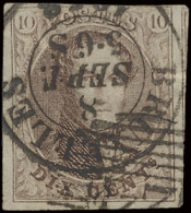 N° 10A 10c. Bruin Met Twee Stempels, P.24 Balkenstempel En D.C.a Bruxelles 8 September 1858, Zm - 1858-1862 Medallions (9/12)