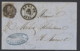 1859 N° 10A 10c. Bruin Volrandig Op Brief Met Inhoud, Briefhoofding Auvelais Sur Sambre, Dd. 28 November 1859, Ambulante - 1858-1862 Medallions (9/12)