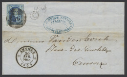 1859 N° 11A 20c. Blauw, D.36-Anthee Op Brief, Met Postbus C (Flavion), Dd. 30 Avril 1859, Naar Anvers, Zm - 1858-1862 Medaillen (9/12)