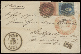 N° 11 En 12 Met Velrand, Op Env. Vanuit P.186-Dour (8 Balken), Stempel Aus Frankfurt Par Aachen Franco In Rood, PD In Ka - 1858-1862 Medallions (9/12)