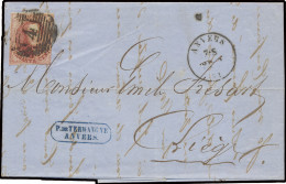 1861 N° 12 40c. Vermiljoen Op Brief Met Inhoud Vanuit Anvers Dd. 26/2/61 Naar Liège, Dubbel Port Binnenland, M - 1858-1862 Medallions (9/12)
