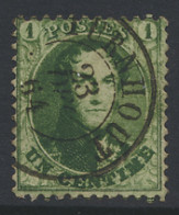 N° 13A 1c. Groen, Prachtige Kleurnuance, Tanding 12 1/2 X 13 1/2, D.C.a Turnhout, Centrale Afstempeling, Zm (OBP ++€40) - 1863-1864 Medallones (13/16)