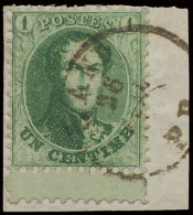 N° 13A 1c. Groen Op Fragment Met Bladboord, Tanding 12 1/2 X 13 1/2 Met E.C. GAND/PD, Zm (OBP ++€40) - 1863-1864 Medaglioni (13/16)