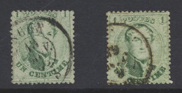 N° 13Ba 1c. Lichtgroen Met Tanding 14 1/2, 2 Exemplaren W.o. Marche, Zm (OBP +€60) - 1863-1864 Medallions (13/16)