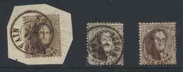 N° 14A 10c. Bruin, Tanding 12 1/2 X 13 1/2, 3 Exemplaren, D.C.a (Louvain Op Fragment En Liège), 1 Stempel Met Zoekwerk ( - 1863-1864 Medallions (13/16)