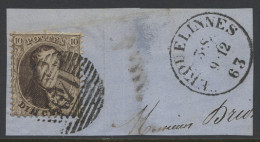 N° 14A 10c. Bruin, Tanding 12 1/2 X 13 1/2, P.149-Erquelinnes Op Fragment, Dd. 9/12/63, Zm (COBA +€20) - 1863-1864 Medaillen (13/16)