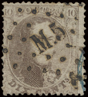 N° 14B 10c. Bruin, Tanding 14 1/2, Ambulant M.5 (Bruxelles-Namur) Met Restant Van Blauwe Vertrekstempel, Zm (COBA +€20) - 1863-1864 Medallions (13/16)