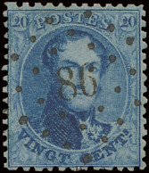 N° 15A 20c. Blauw, Tanding 12 1/2 X 13 1/2, Puntstempel 86 Contich, Zeer Mooie Centrale Afstempeling, Zm (COBA +€30) - 1863-1864 Médaillons (13/16)