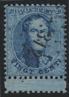 N° 15A 20c. Blauw, Tanding 12 1/2 X 13 1/2, Puntstempel 312 Rochefort Met Bladboord, Mooi Geheel, Zm (COBA +€8) - 1863-1864 Medaillons (13/16)