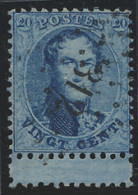N° 15A 20c. Blauw, Tanding 12 1/2 X 13 1/2, Puntstempel 312 Rochefort Met Bladboord, Mooi Geheel, Zm (COBA +€8) - 1863-1864 Medaillen (13/16)