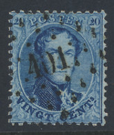 N° 15A 20c. Blauw, Tanding 12 1/2 X 13 1/2, Puntstempel 401 Wetteren, Zeer Goed Leesbaar En Centraal Gestempeld, Zm (COB - 1863-1864 Medallions (13/16)