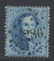 N° 15B 20c. Blauw Met Puntstempel 286 Overpelt, Zm (COBA €30) - 1863-1864 Medaillons (13/16)