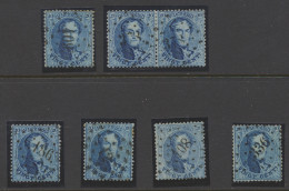 N° 15B 20c. Blauw, Tanding 14 1/, 7 Exemplaren, Puntstempels: 378 (paar), 409, Enz., Zm/m (COBA +€40) - 1863-1864 Medallions (13/16)