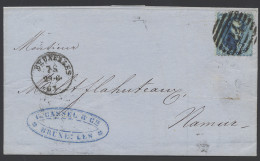 1863 N° 15 20c. Blauw, Met P.24 (10-balkenstempel), Dd. 29/6/63 Naar Namen, Zm/m - 1863-1864 Medallions (13/16)