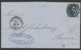1863 N° 15 20c. Blauw, Met P.24 (10-balkenstempel), Dd. 29/6/63 Naar Namen, Zm/m - 1863-1864 Médaillons (13/16)