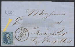 1864 N° 15 20c. Blauw Van Gent Dd. 17/12/64 Naar Auderghem, Curiositeit Griffe In De Linker 20, Zm - 1863-1864 Médaillons (13/16)